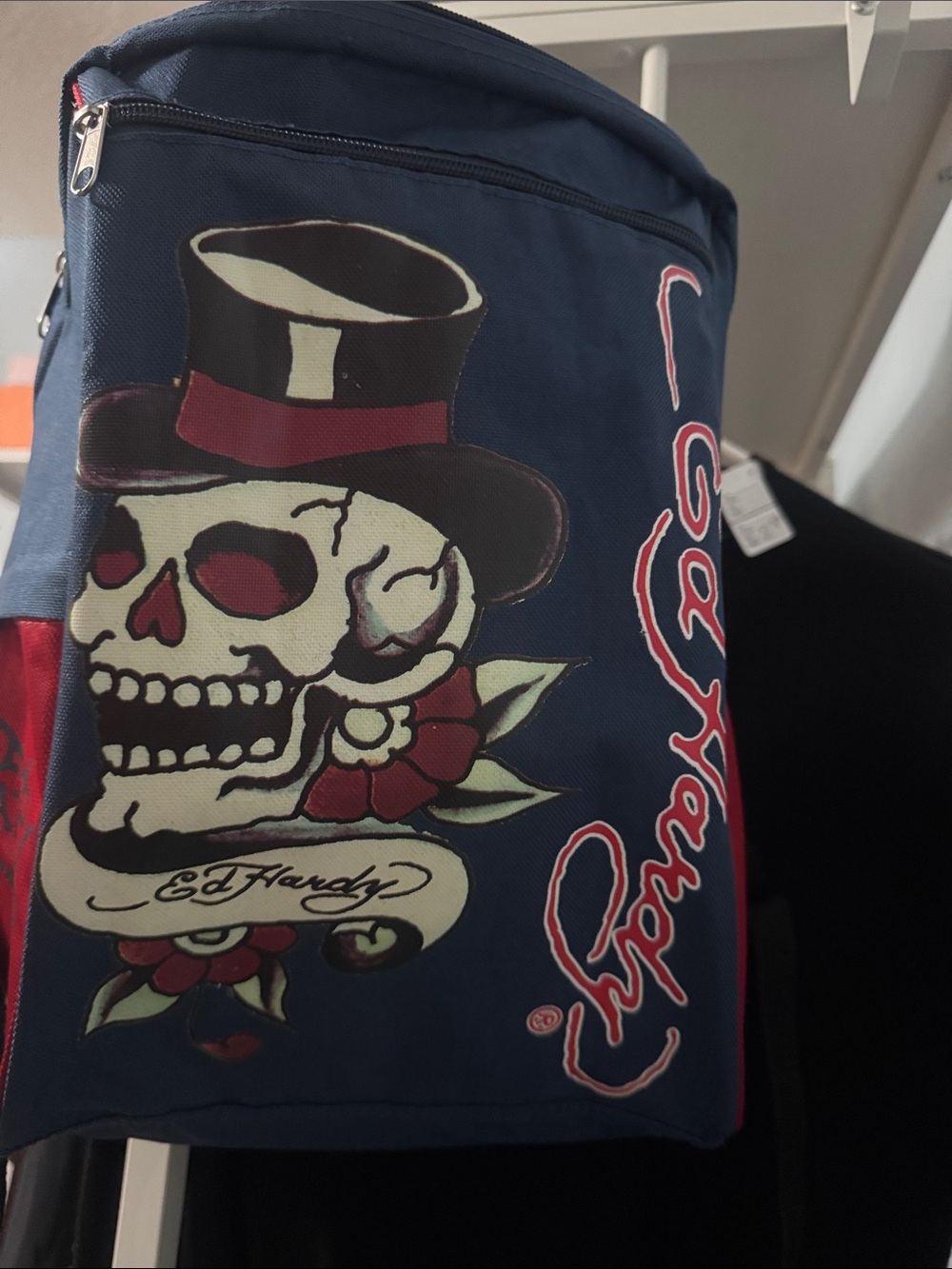 Vintage Y2K Ed Hardy Blue & Red Skull Top Hat Backpack